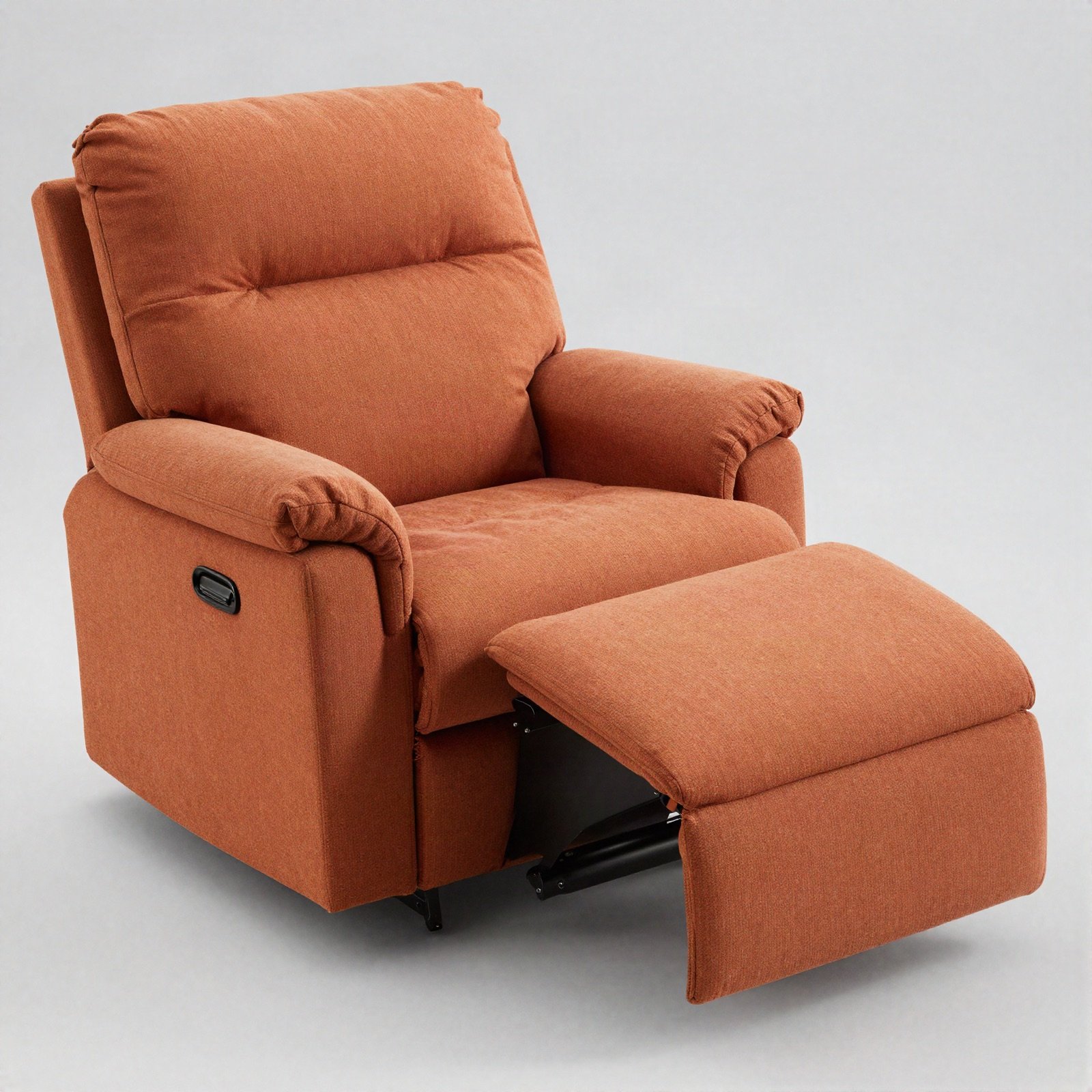 Orange fabric recliner with the leg rest raised