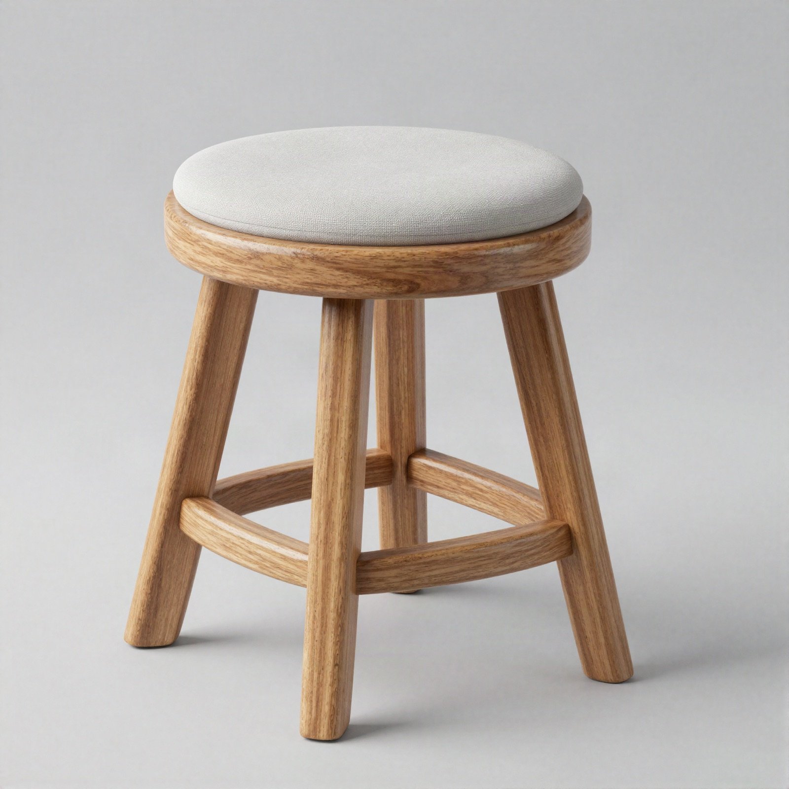 Round short-leg oak stool with a grey cushion
