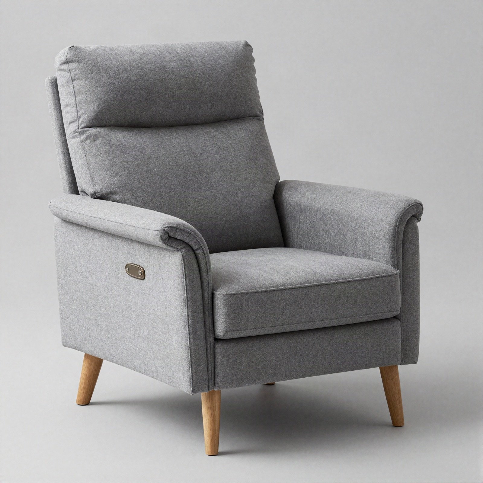 Grey fabric armchair with a tall head rest