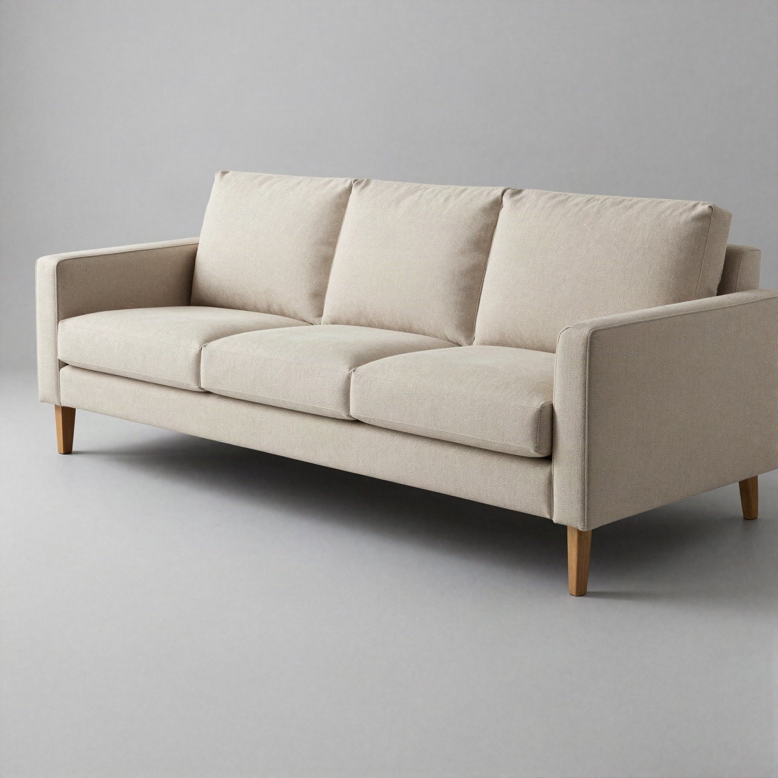 Beige three-seater fabric sofa on wooden legs