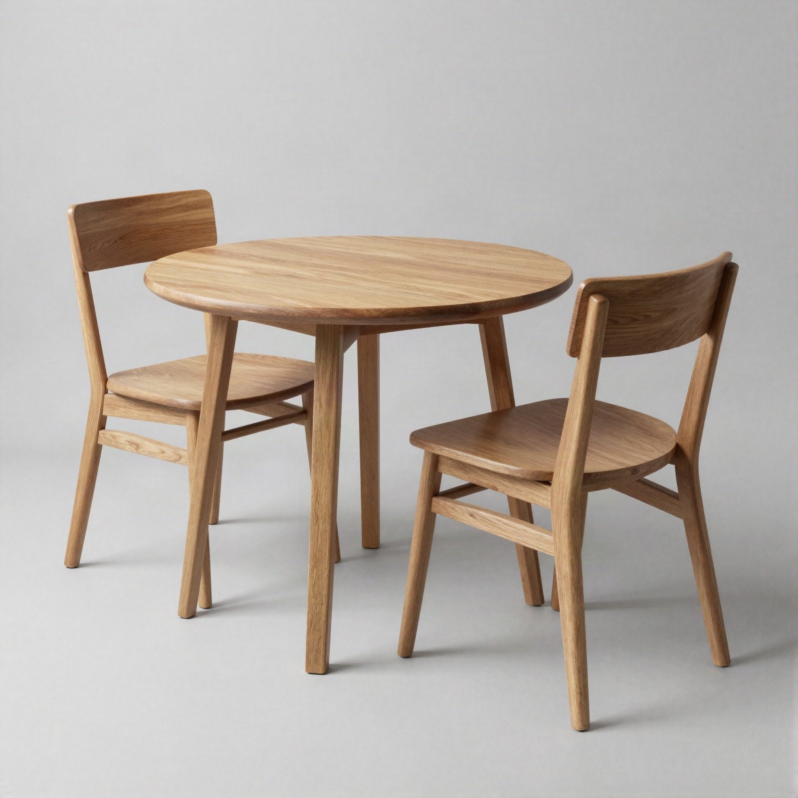 Round wooden dining table with two chairs