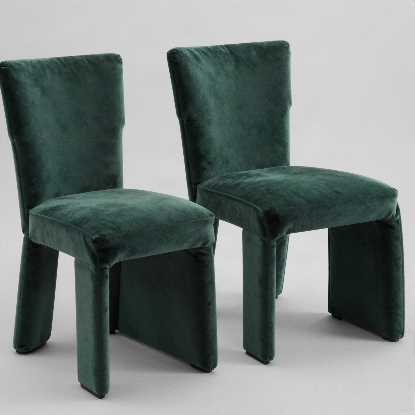 Pair of sculpted chairs in green velvet
