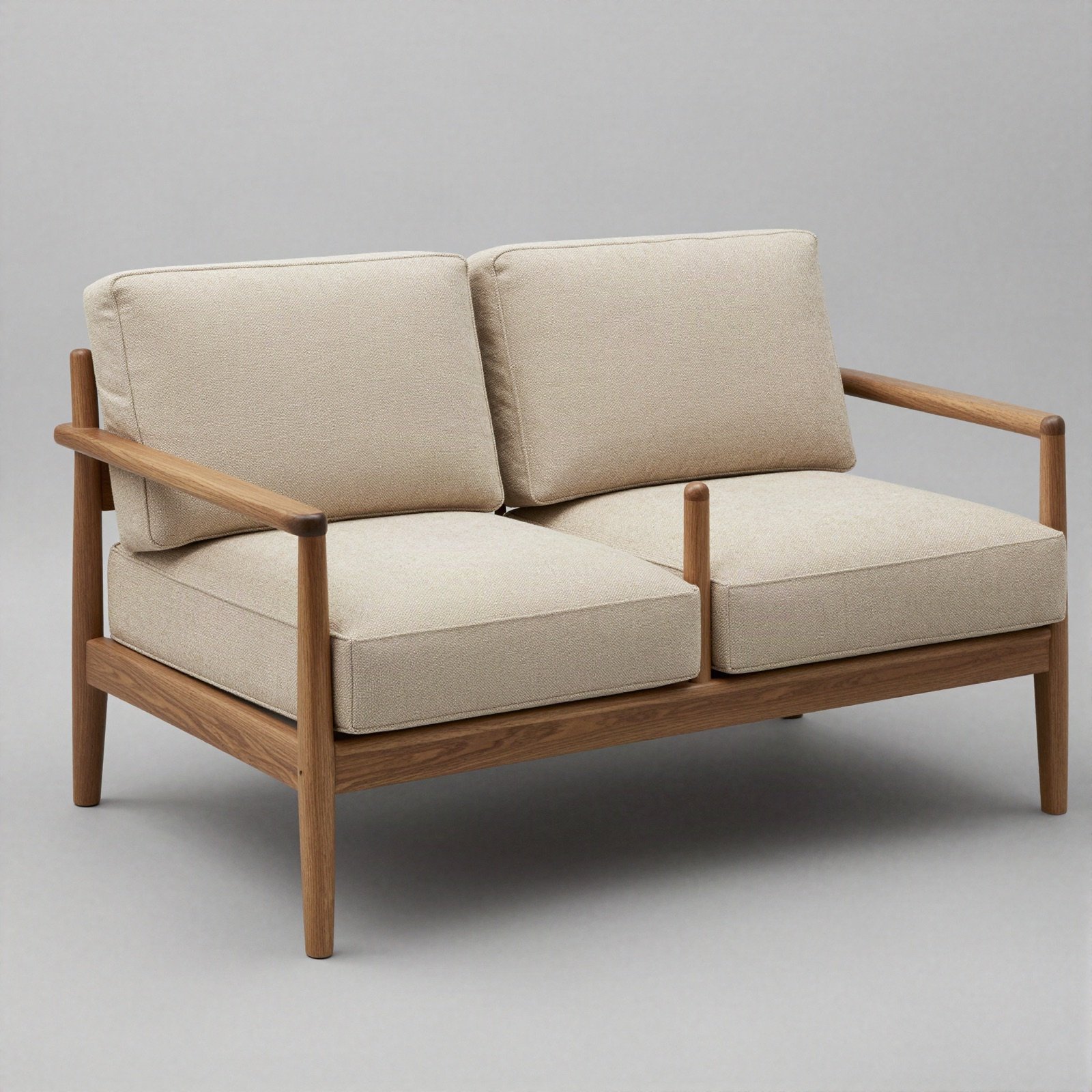 Wooden-framed two-seater with oatmeal cushions