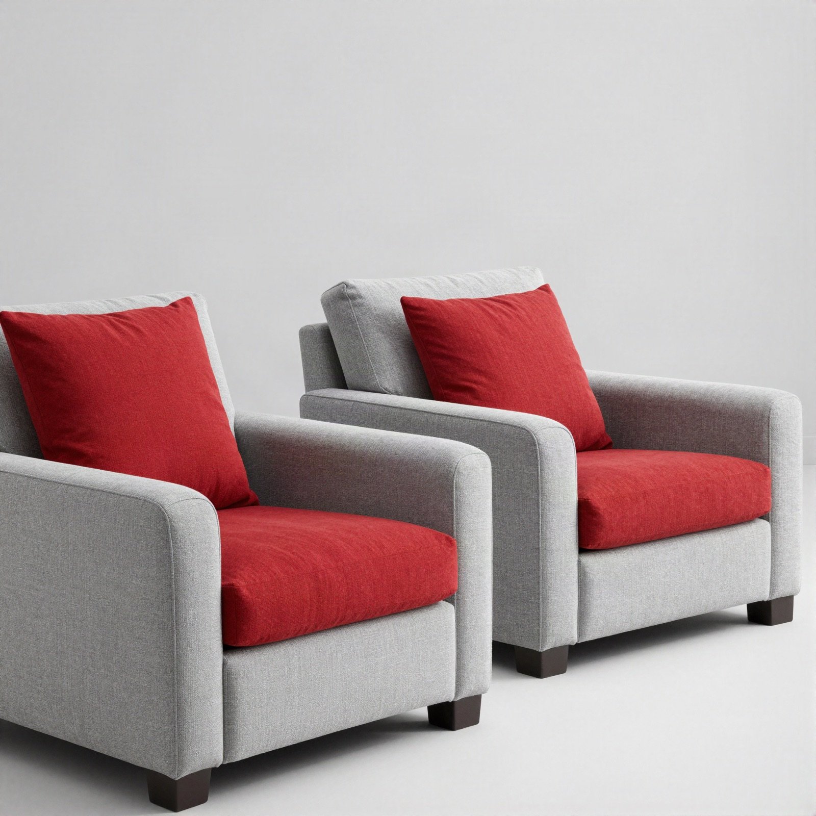 Pair of grey sofa chairs with red cushions