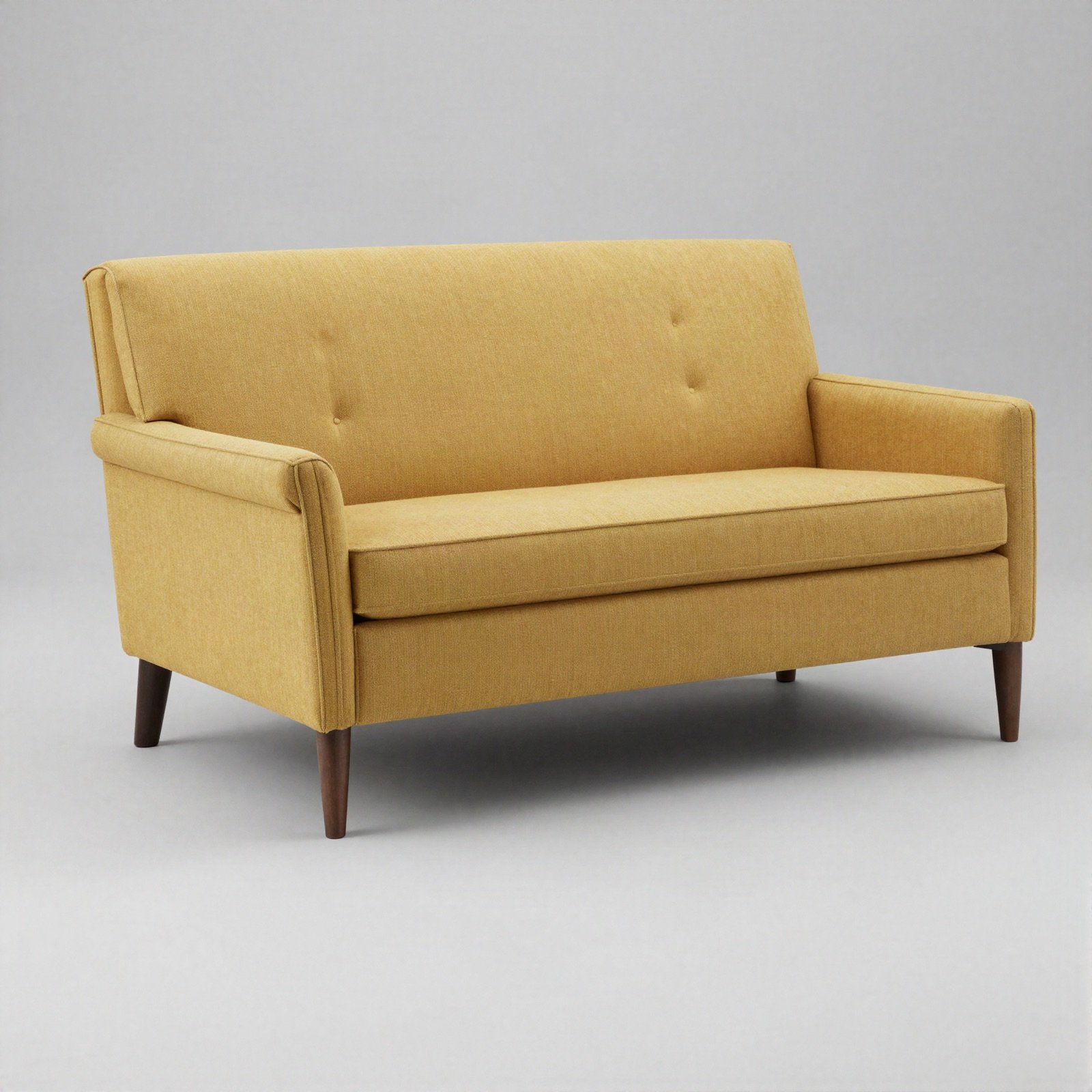 Mustard yellow tufted couch on tapered legs