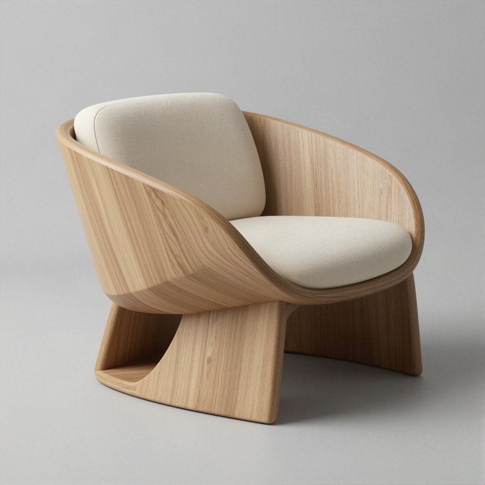 Sculptural oak lounge chair with a cream seat
