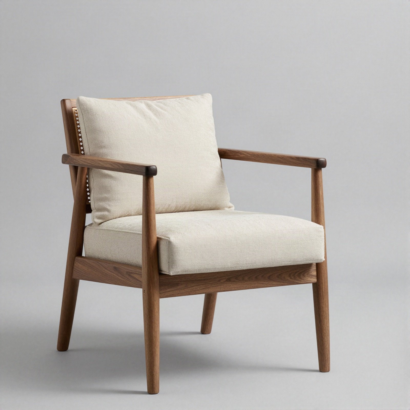 Walnut armchair with a cane back and linen cushion