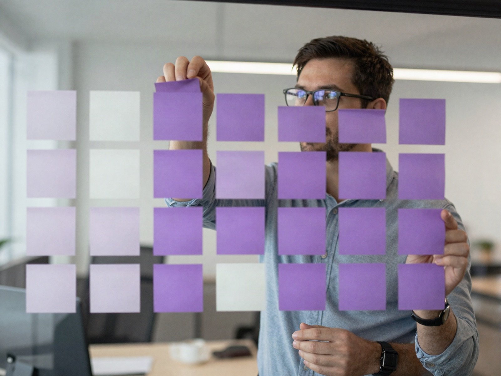 Project manager arranging purple sticky notes on a glass wall