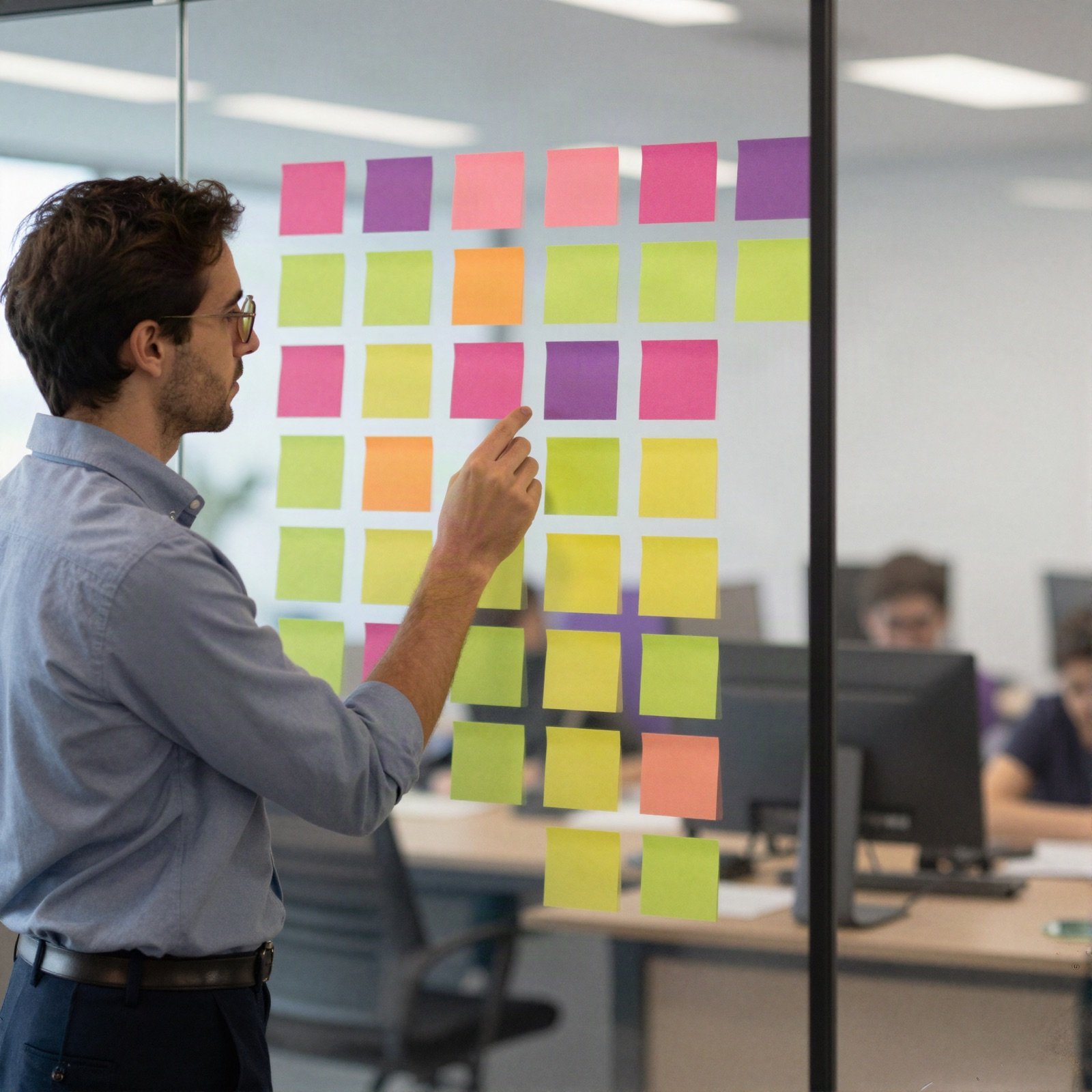 Project manager arranging colourful sticky notes on a glass planning wall