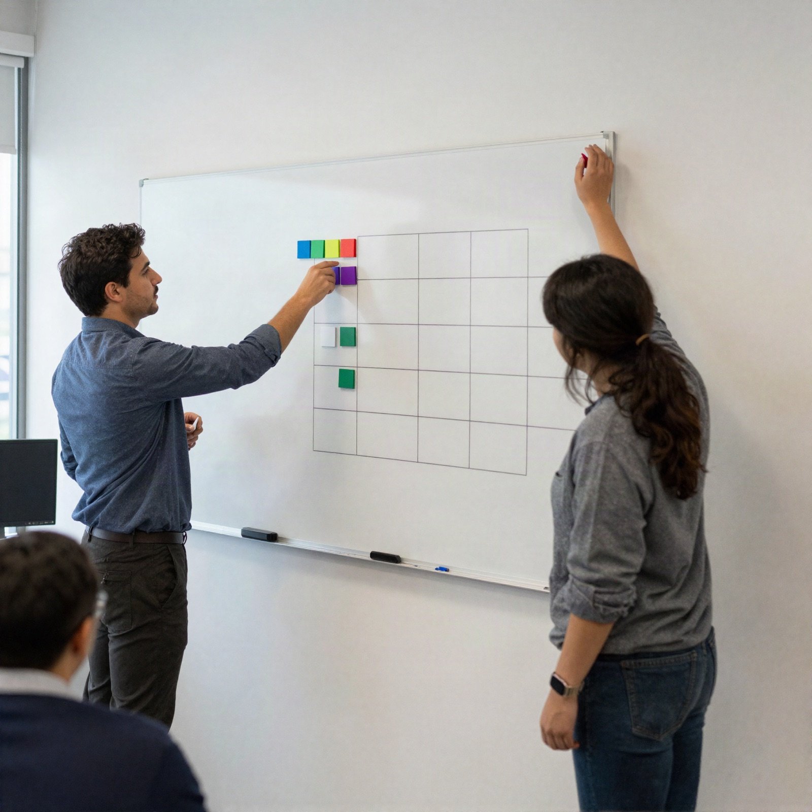 Two colleagues allocating tasks with coloured magnets on a whiteboard grid