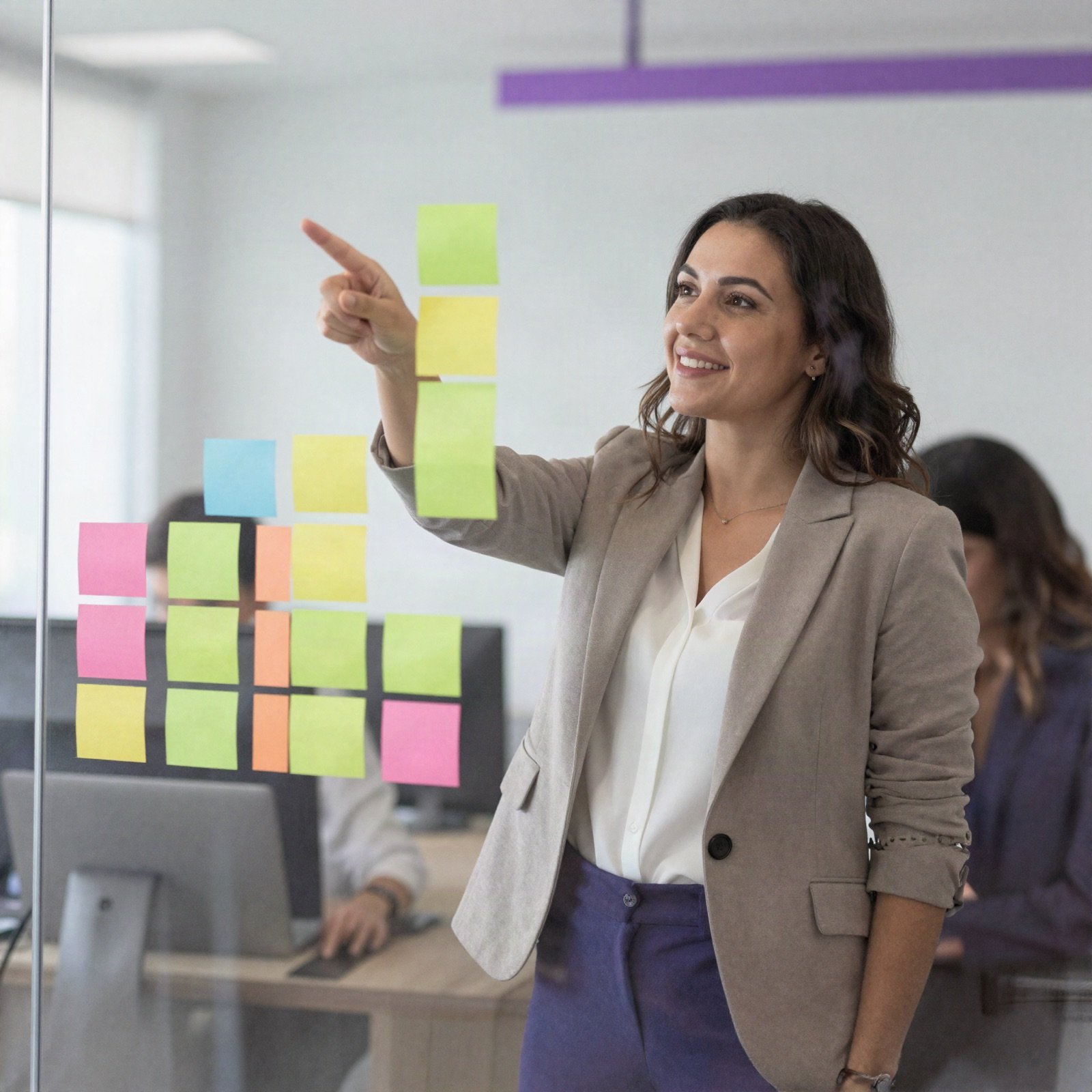 Smiling businesswoman pointing at sticky notes arranged as a rising bar chart