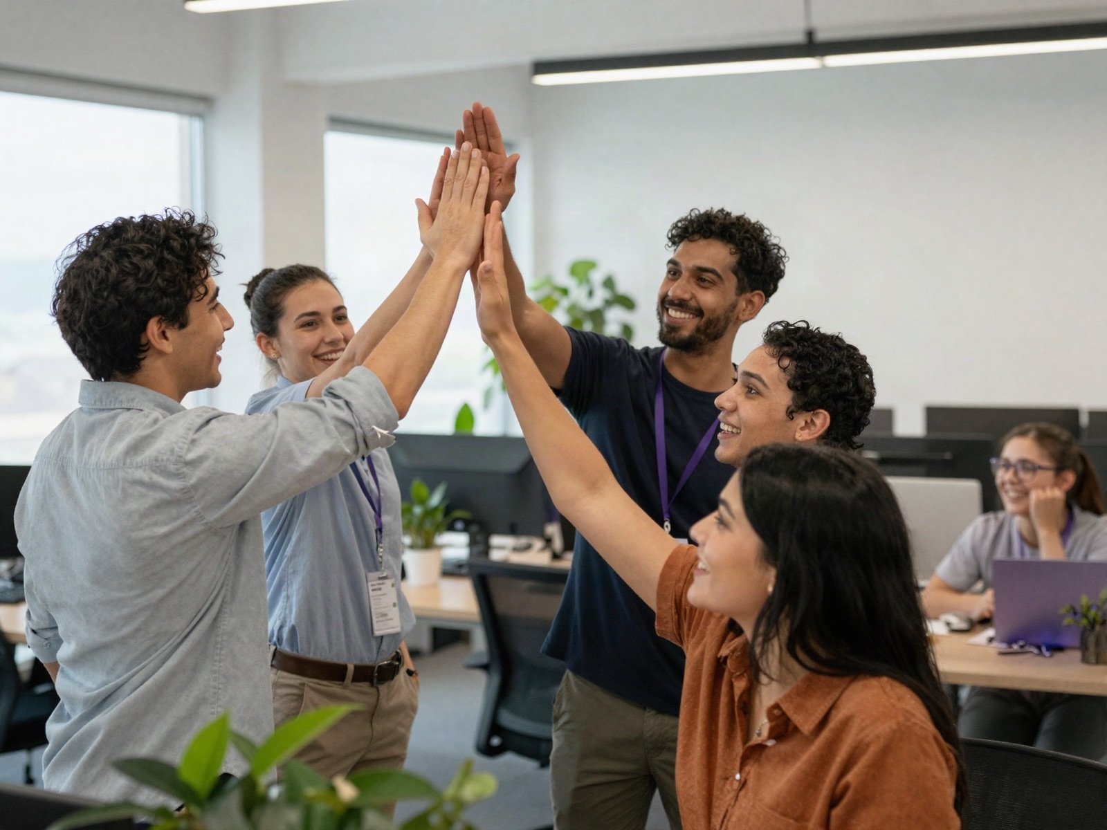 Product team celebrating with a high five in a bright open-plan office