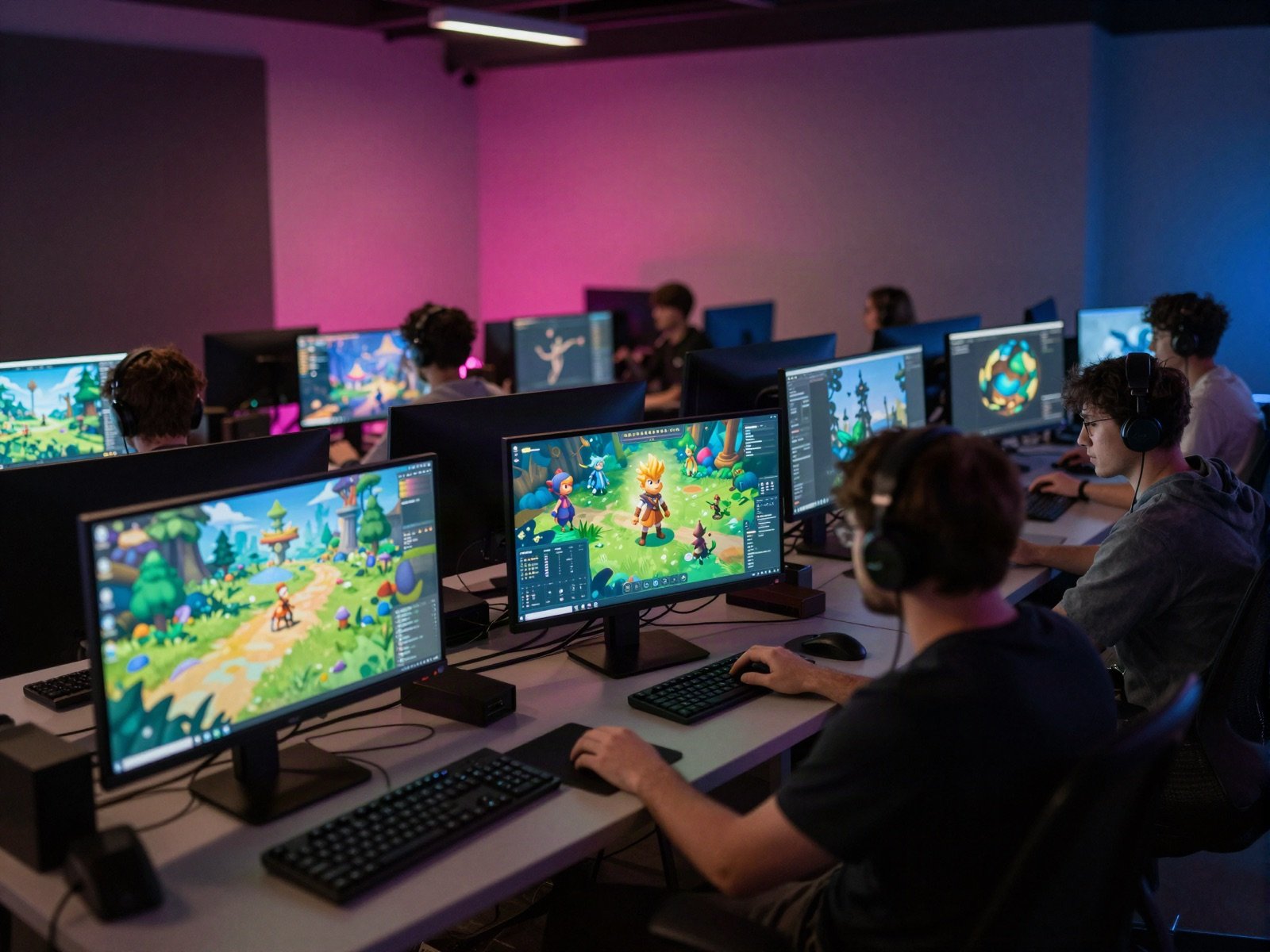 Game artists working at monitors showing colourful 3D game worlds in a dimly lit studio