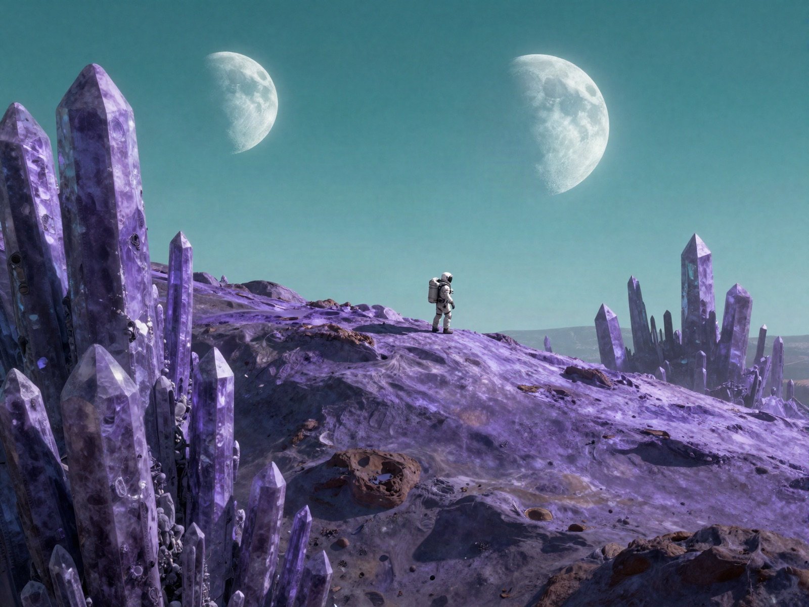 Game scene of an explorer on a purple crystal planet under two moons