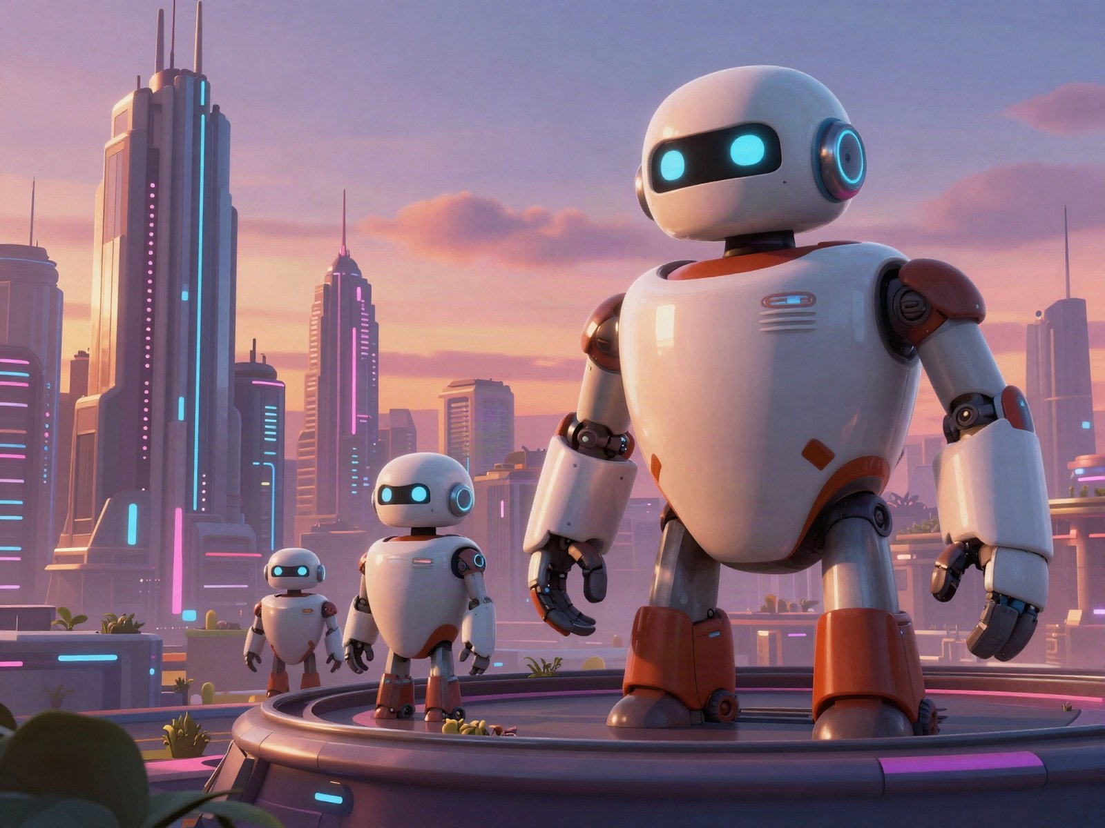 Game scene of friendly white robots in a futuristic city at sunset