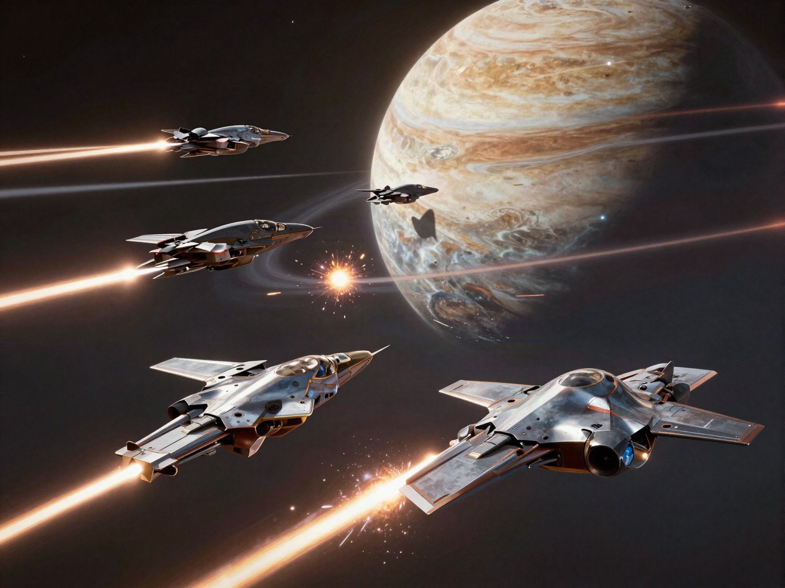 Game scene of starfighters battling near a ringed gas giant