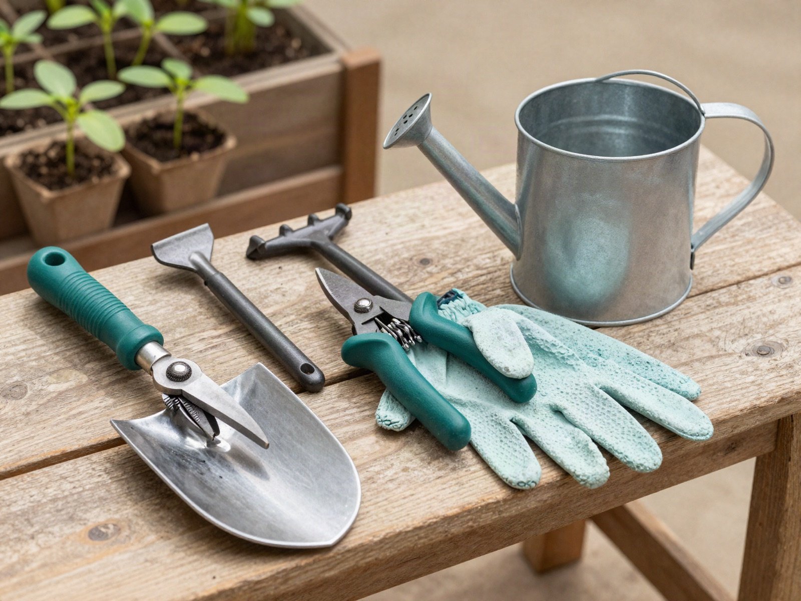 Garden tools, gloves and a watering can on a wooden potting bench