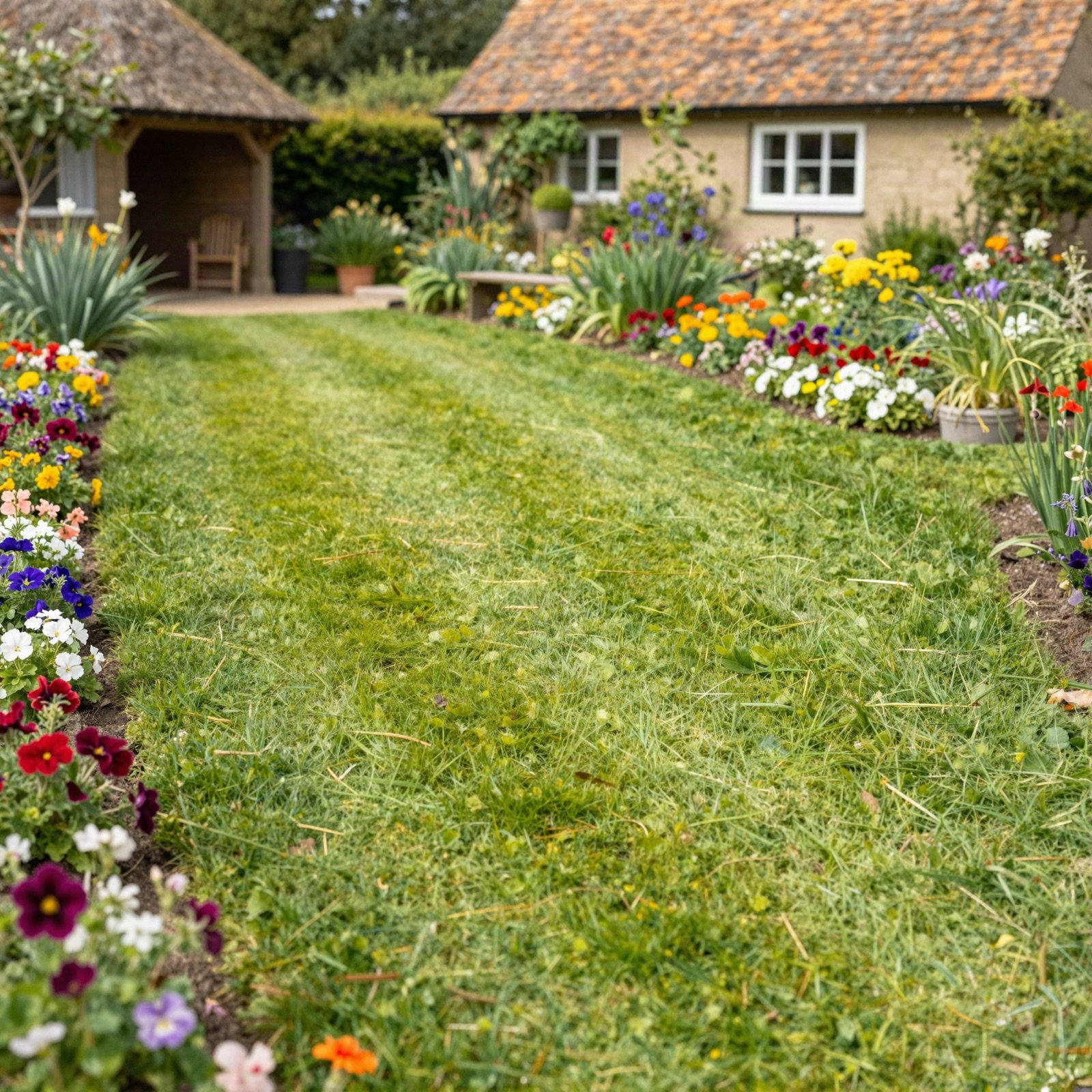 Freshly mown lawn with flower borders in front of a cottage