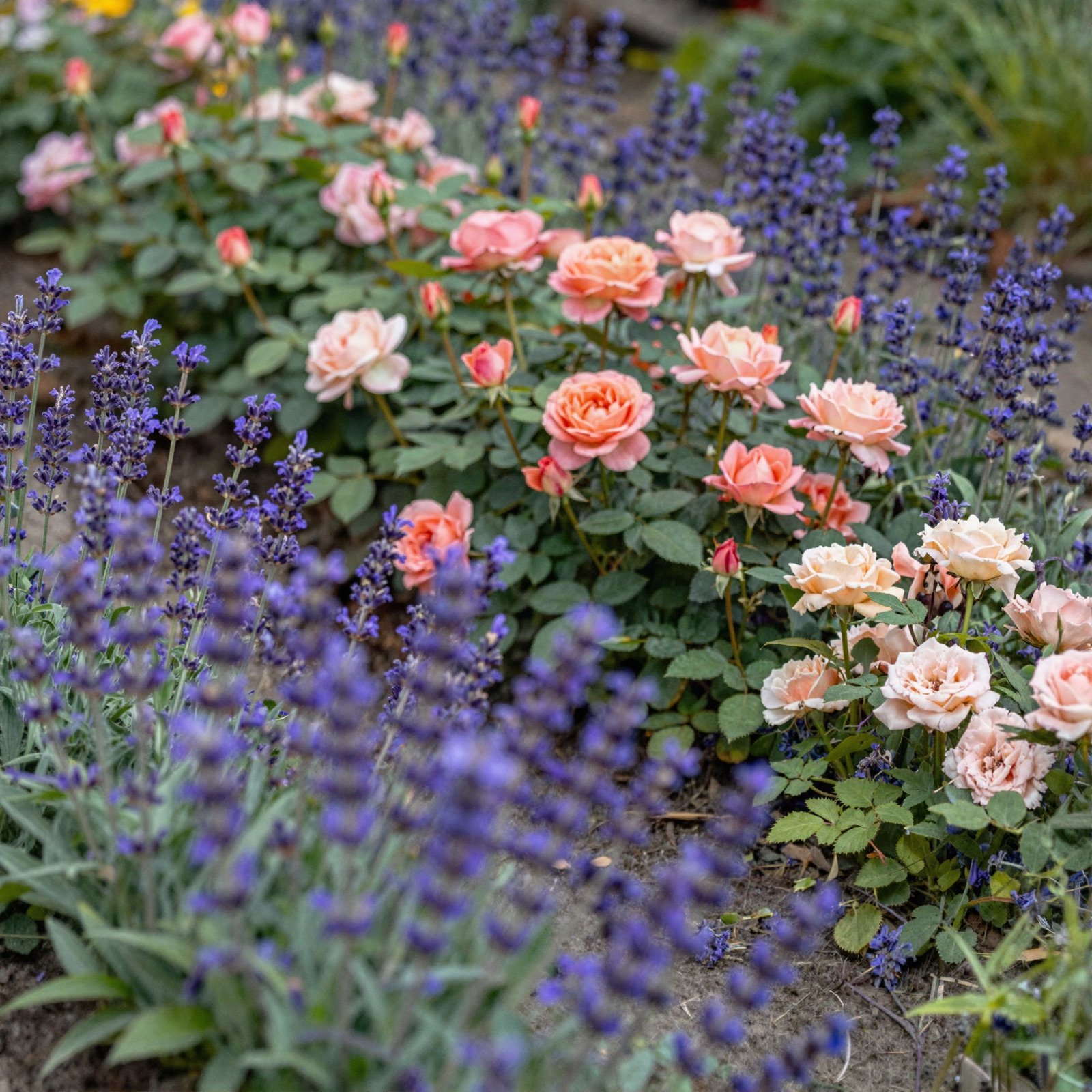 Perennial border with roses and lavender in bloom