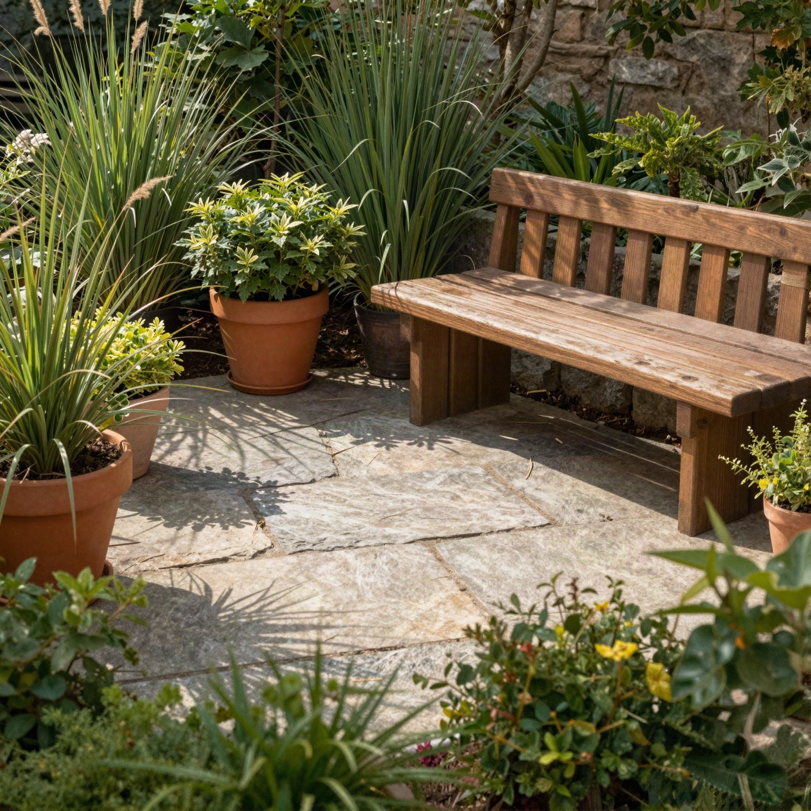 Stone patio garden with potted plants and a wooden bench