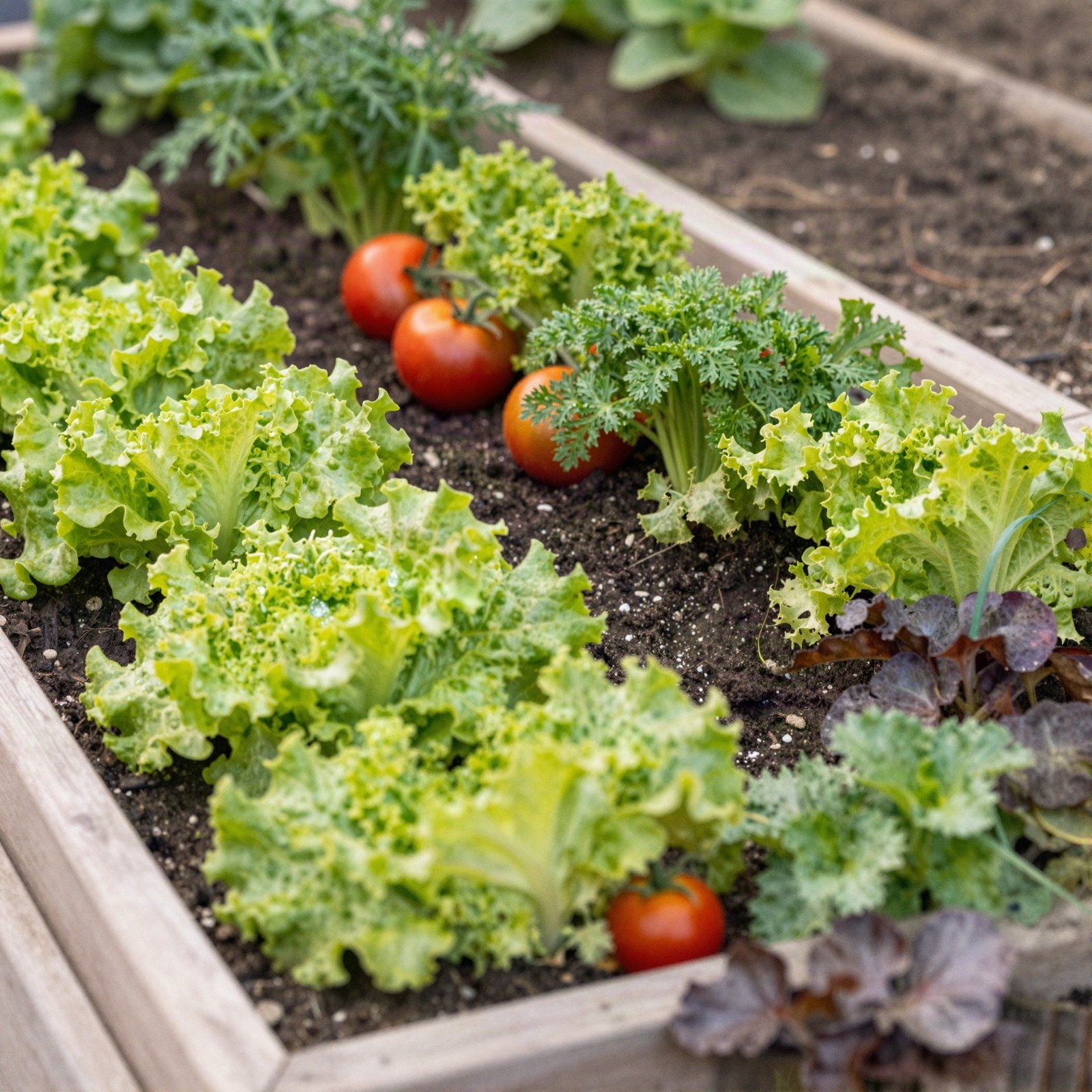 Raised vegetable bed with lettuce, tomatoes and herbs