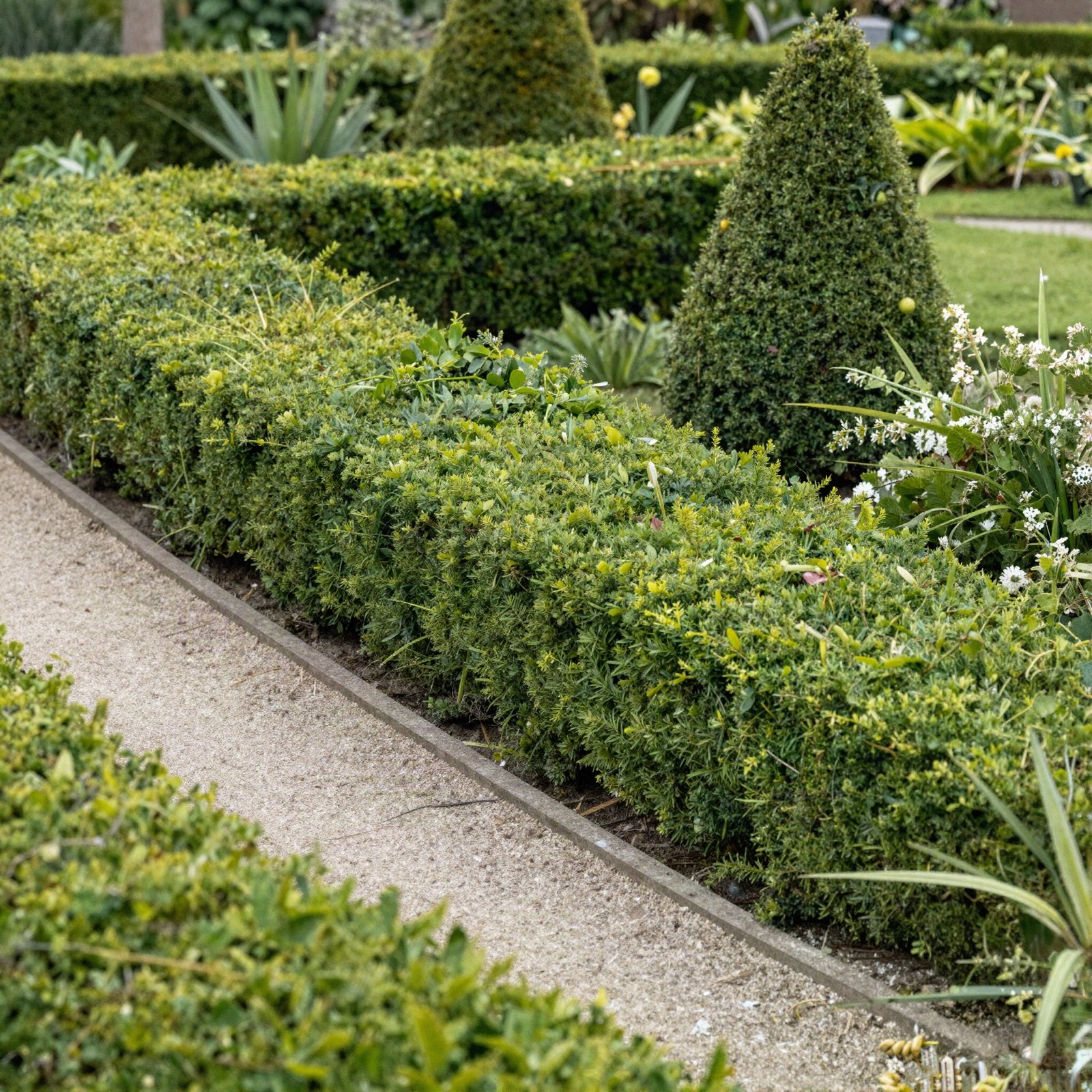 Clipped hedges and topiary beside a gravel path