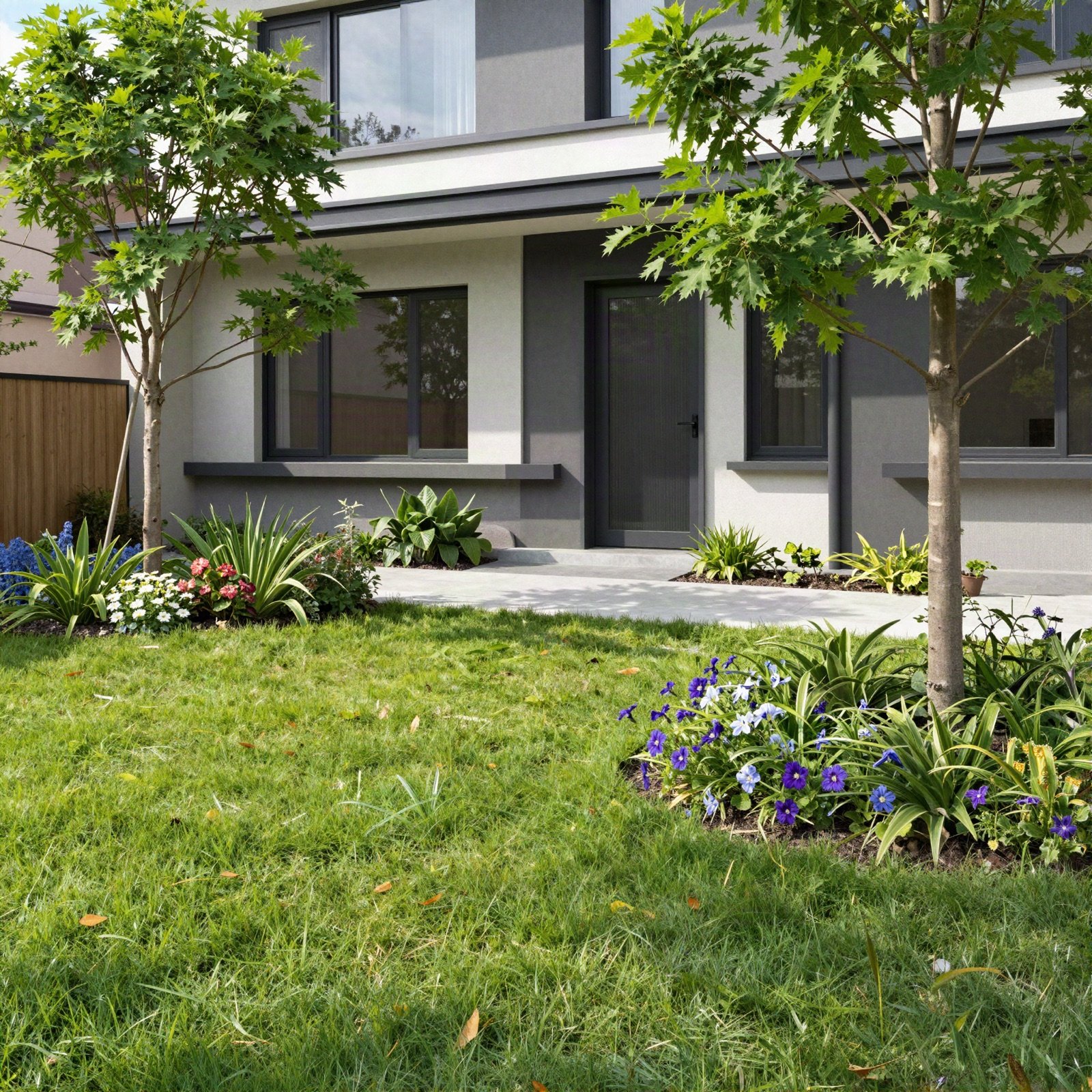 Modern house front garden with lawn, young trees and flower beds