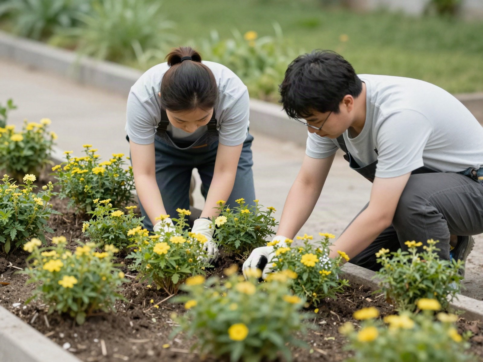 Two gardeners planting yellow flowering plants in a raised garden bed