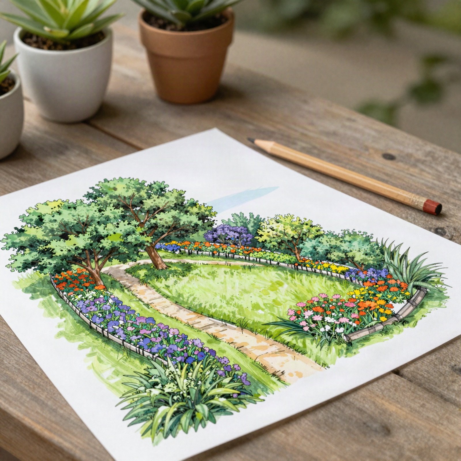 A colourful landscape design plan on a garden table with potted plants