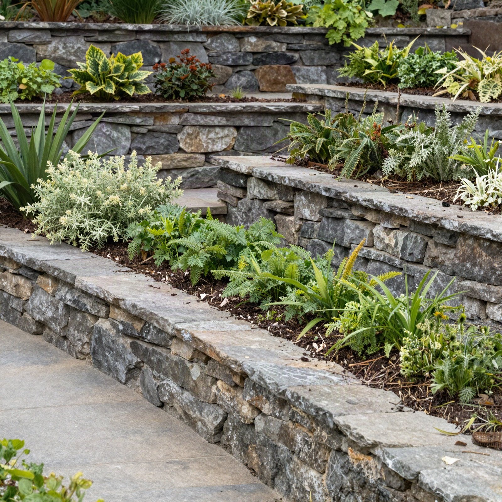 Terraced planting beds with natural stone retaining walls