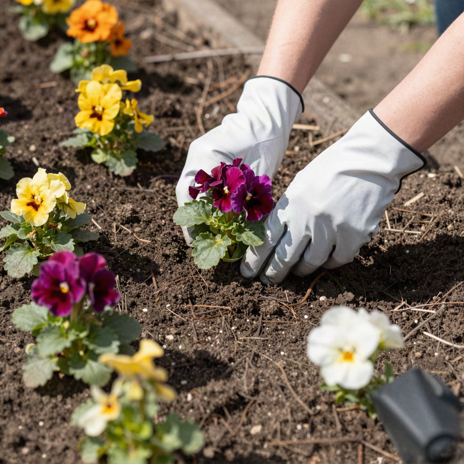 Gloved hands planting colourful pansies in a garden bed