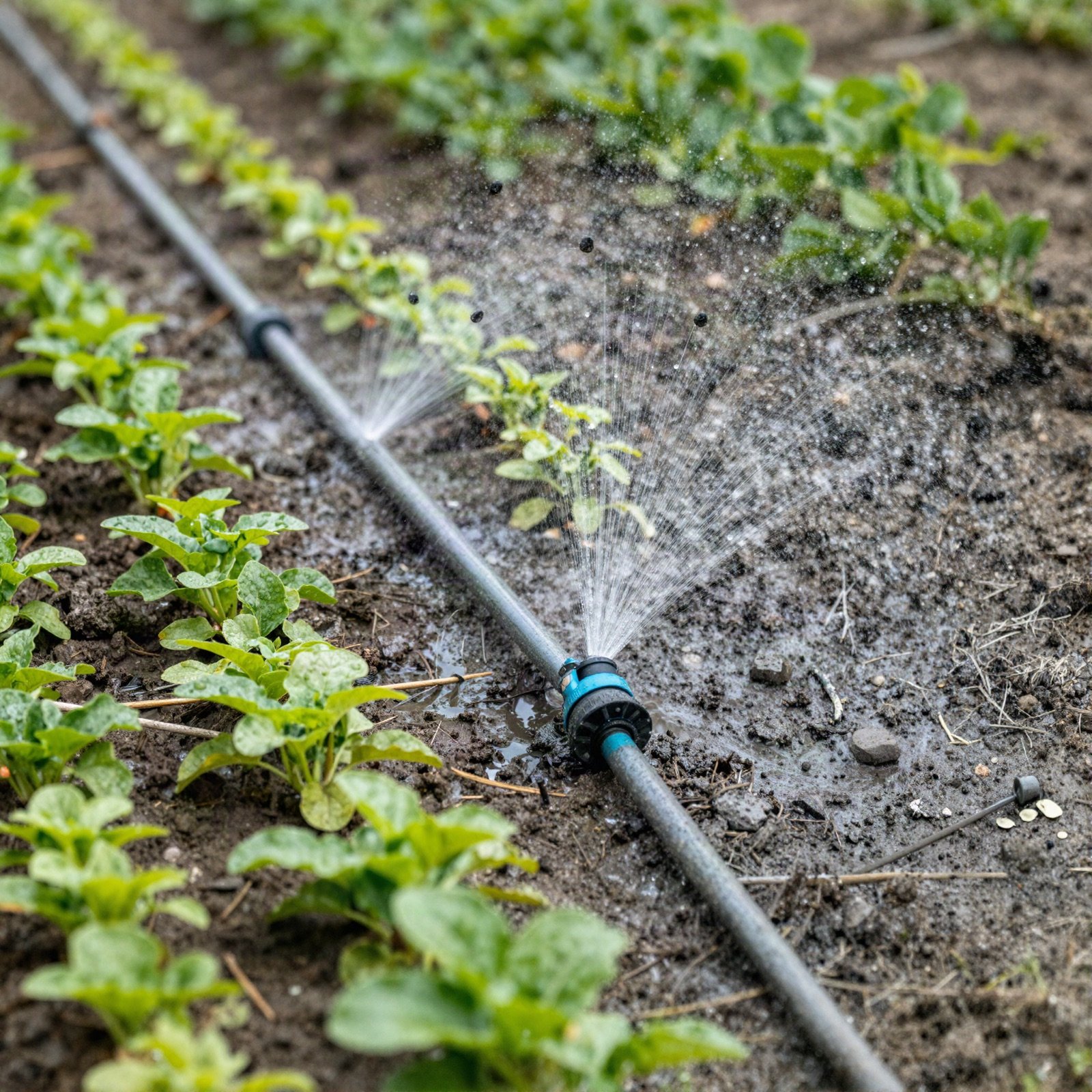 A drip irrigation line watering young plants