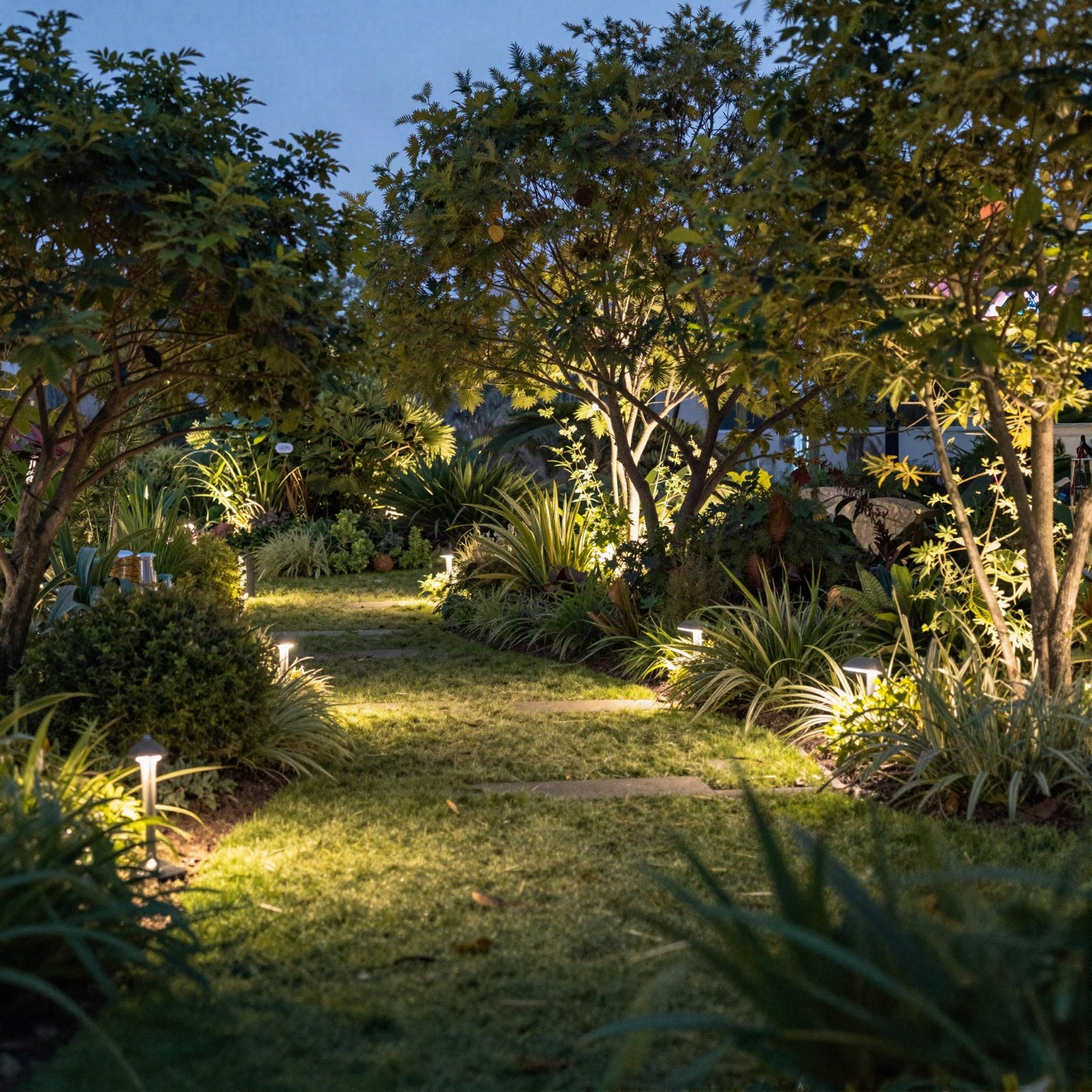A garden at dusk lit by warm path lights and uplights
