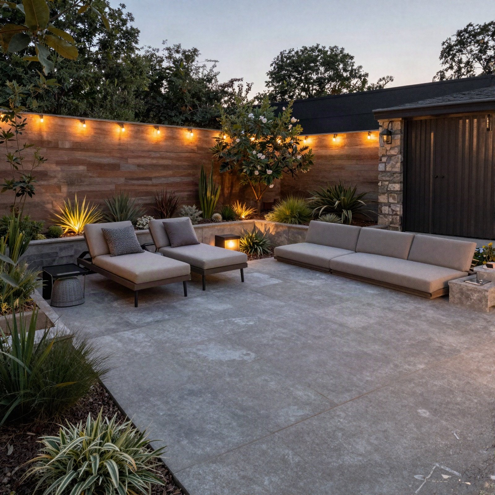 A modern backyard patio with lounge seating and string lights at dusk