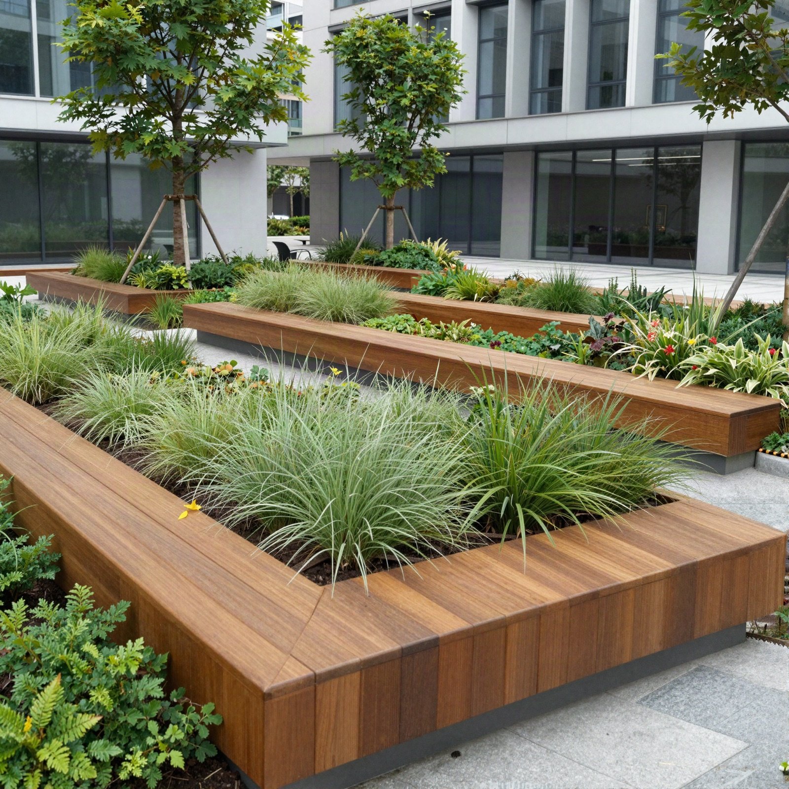 An office courtyard garden with timber planters and ornamental grasses