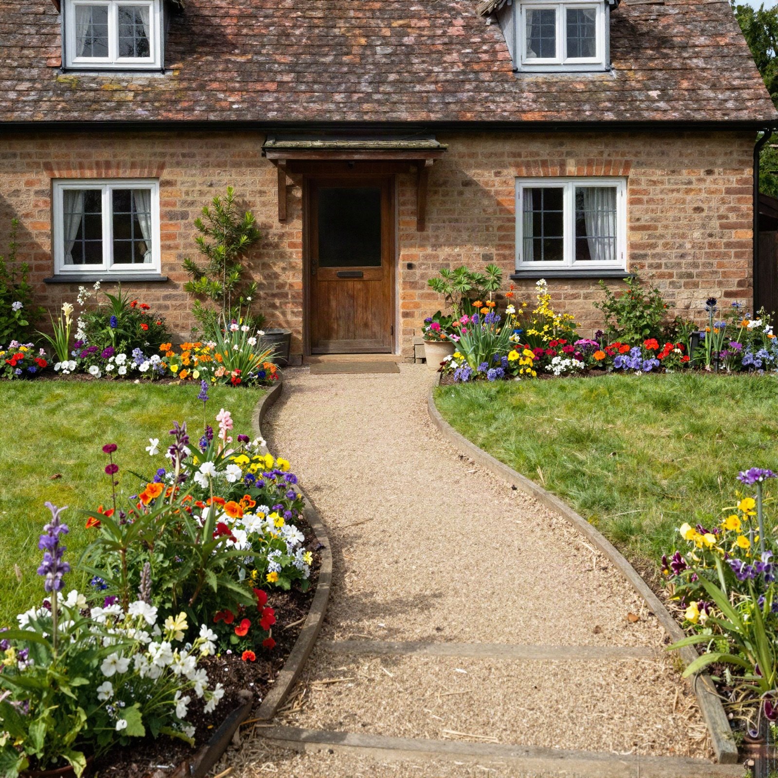 A cottage front garden with colourful borders and a curved gravel path