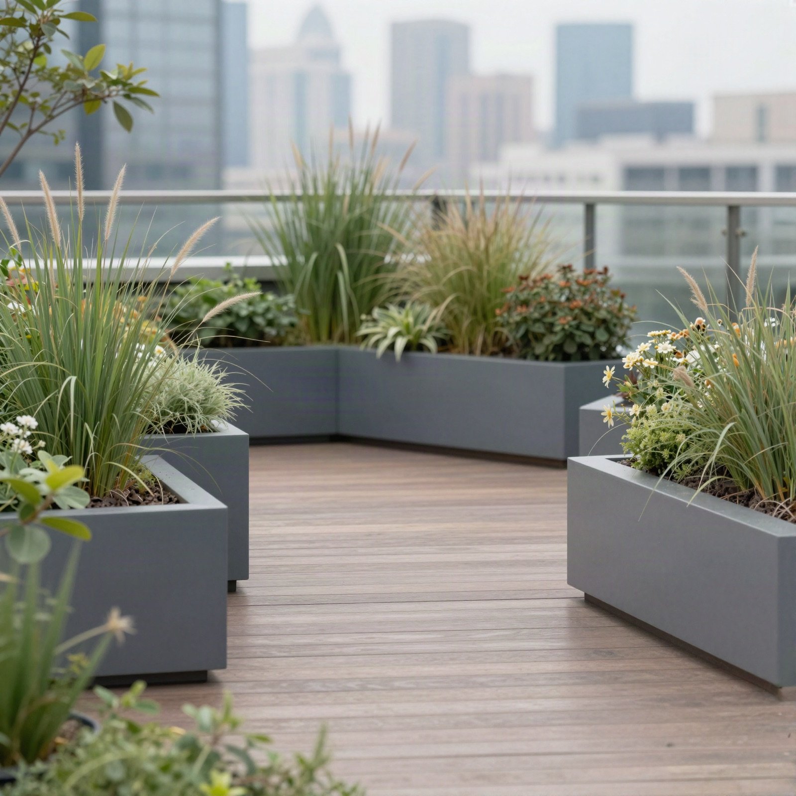 A rooftop garden with planters and a wooden deck above the city