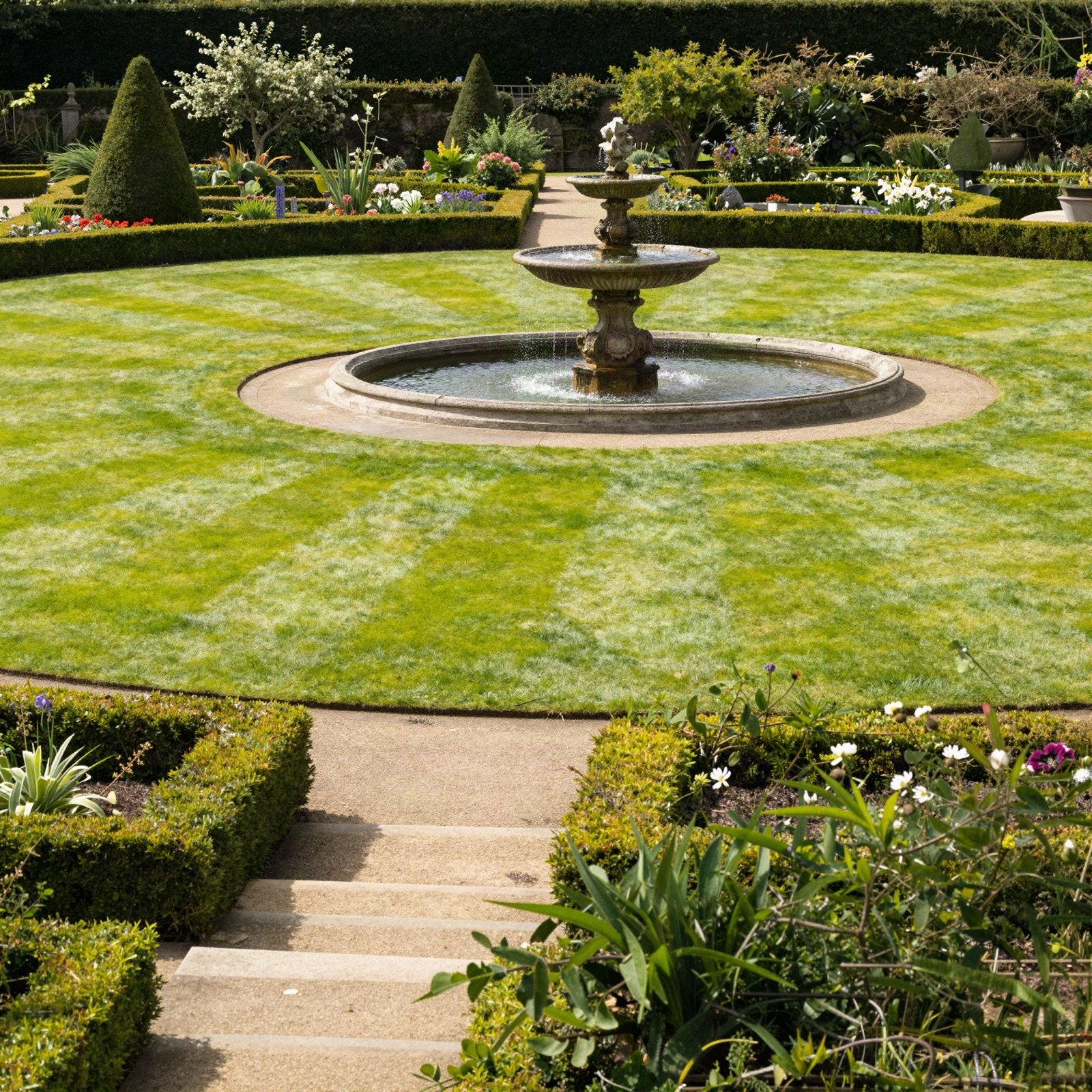 A formal estate garden with a striped lawn, clipped hedges and a fountain