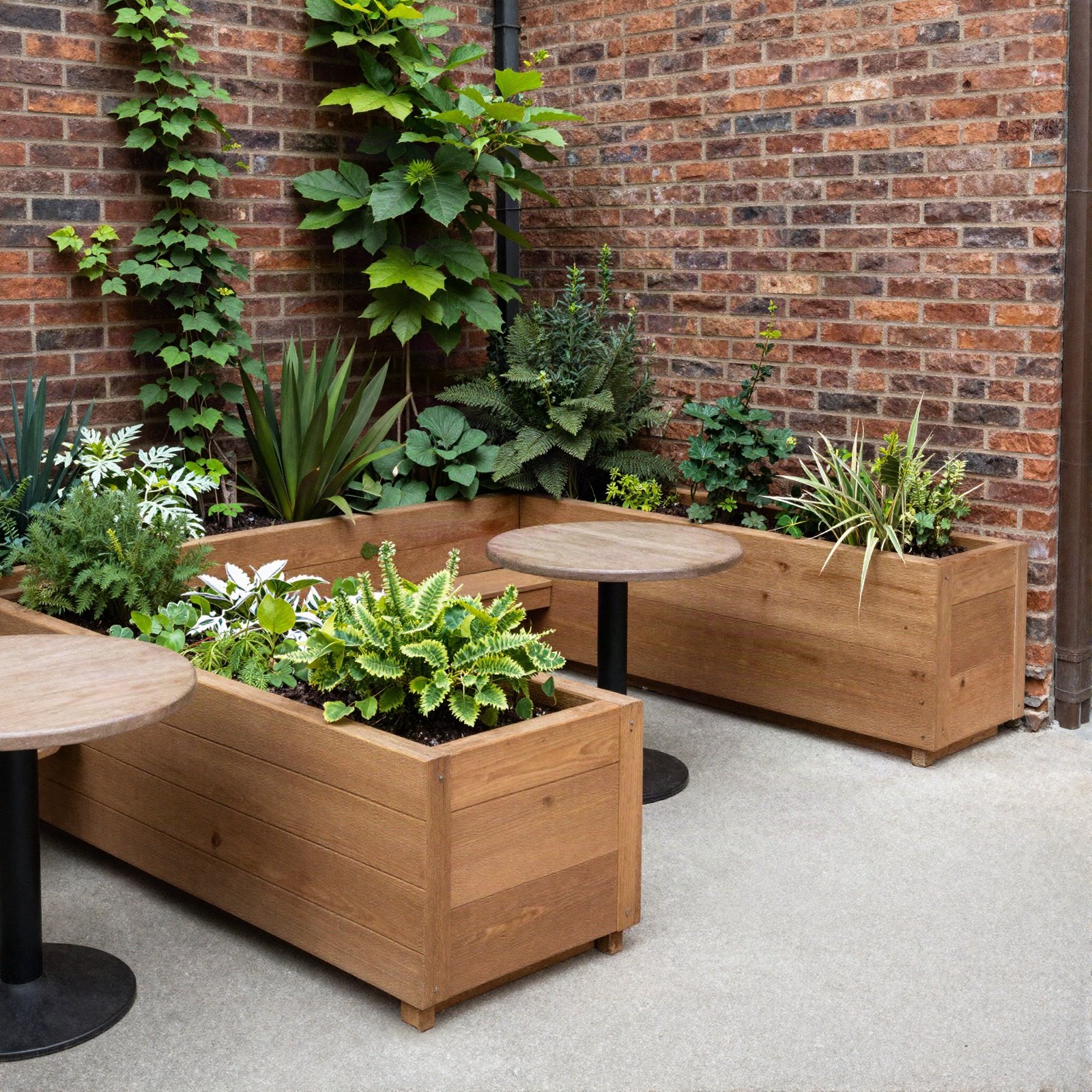 A small urban courtyard with timber planters and climbers on a brick wall