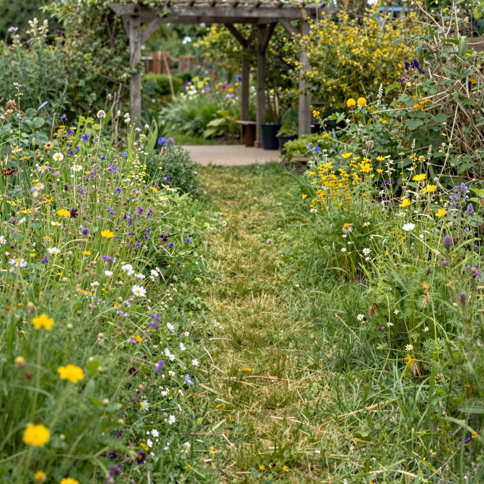 A wildflower meadow garden with a mown path to a wooden pergola