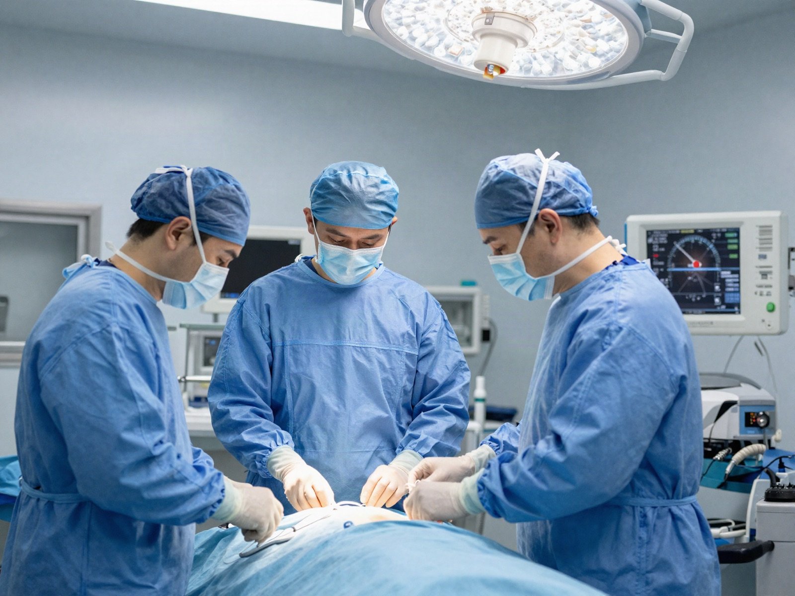 A surgical team in blue scrubs operating under bright lights in a modern operating room