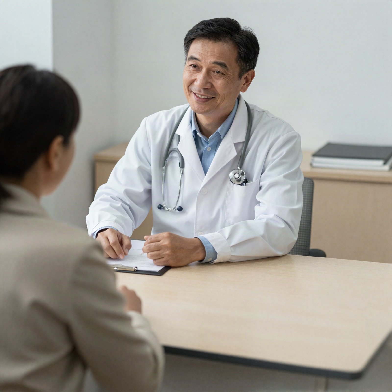 A smiling physician listening to a patient across a desk during a consultation