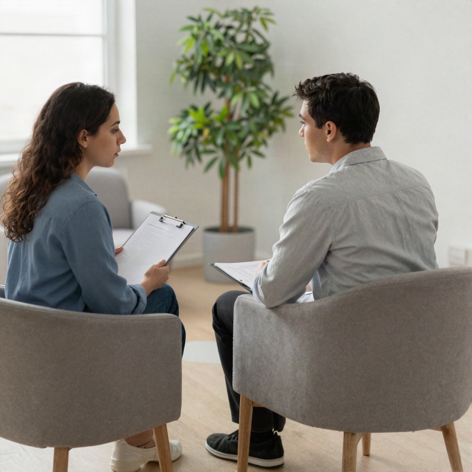 A counselor with a clipboard talking with a young man in a calm, bright counseling room
