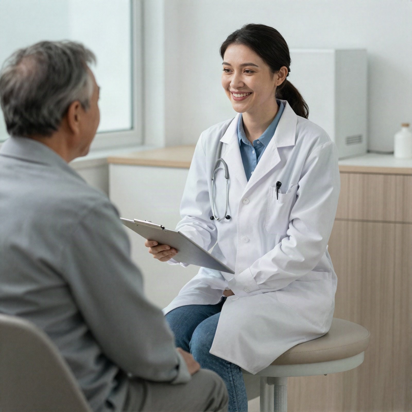 A family doctor with a clipboard smiling as she talks with an older patient
