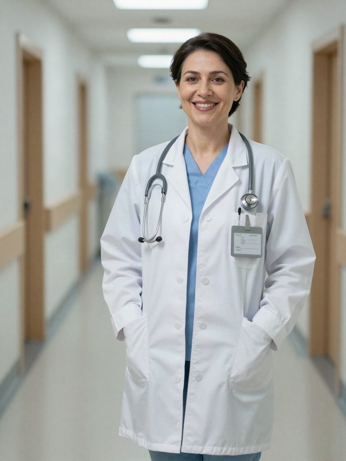 Smiling female doctor with a stethoscope in a hospital corridor