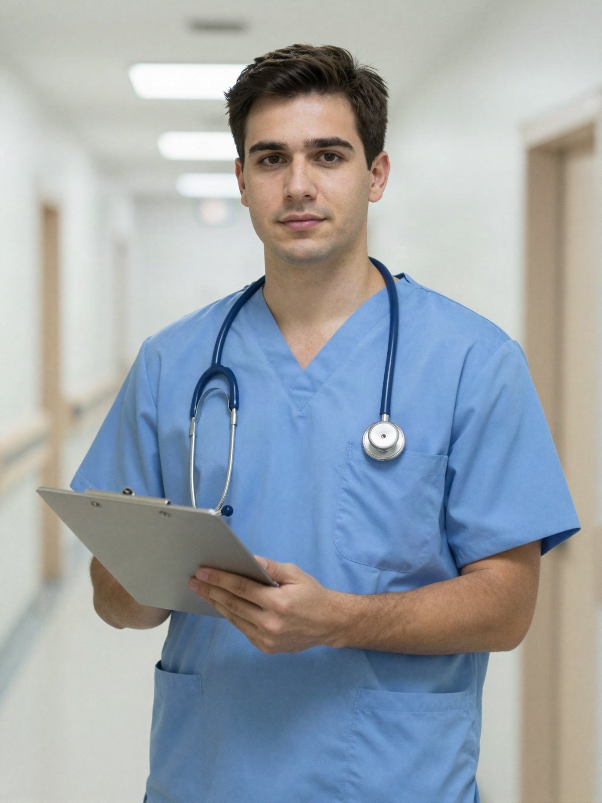 Young male doctor in blue scrubs holding a clipboard