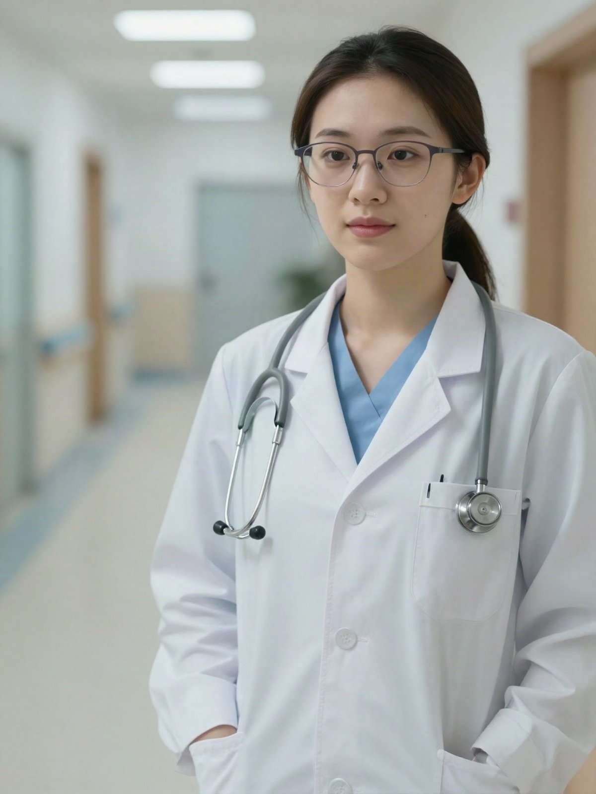 Young female doctor with glasses and a stethoscope