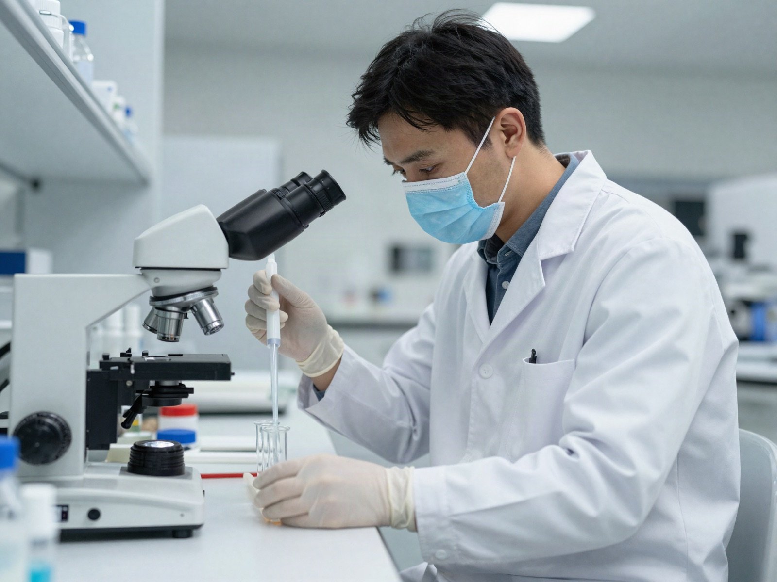 Lab scientist pipetting samples beside a microscope