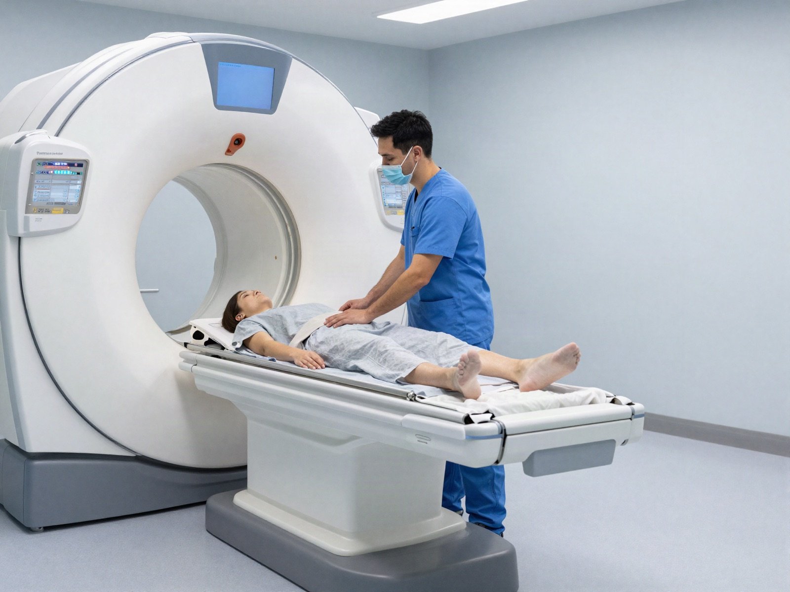 Radiographer preparing a patient for a scan