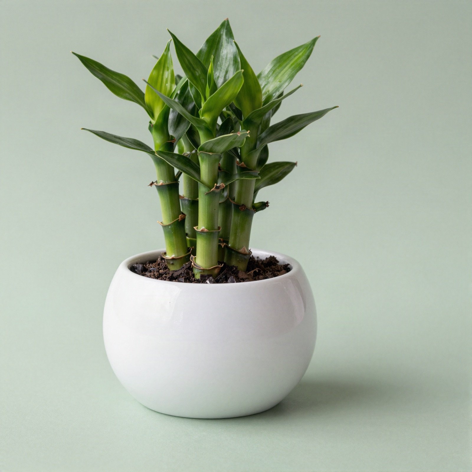 Lucky bamboo stalks in a round white ceramic pot